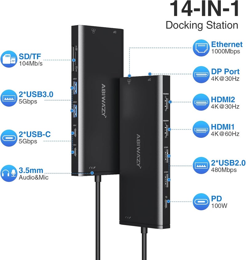 ABIWAZY USB C Docking Station 3 Monitors USBC Hub Laptop Dual Monitor Multiport Adapter Dock Dongle,USBC to 2 HDMI,4K DisplayPort,PD Charging,Ethernet,7 USB-C/A Ports,SD/TF,Audio for Dell/HP/Lenovo(Black) - Image 2